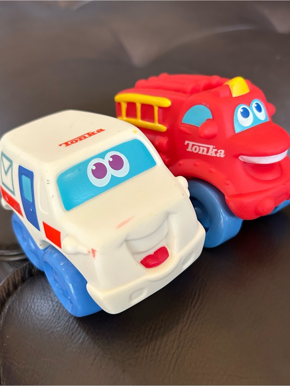 Tonka Red Fire Truck & White Toy Car with Blue Wheels
